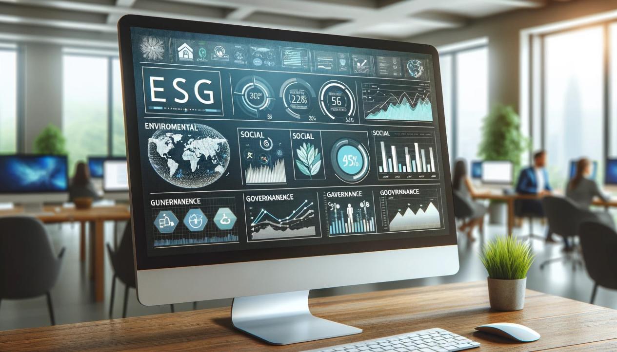 DALL·E 2024-05-17 13.43.18 - A close-up of a computer screen displaying detailed ESG (Environmental, Social, and Governance) investment data. The screen shows various charts, grap