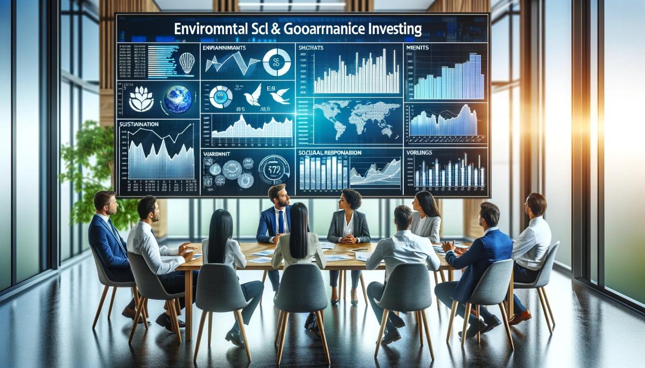 DALL·E 2024-05-17 13.43.16 - A group of investors having a meeting in a modern office, discussing charts and data on ESG (Environmental, Social, and Governance) investing displaye