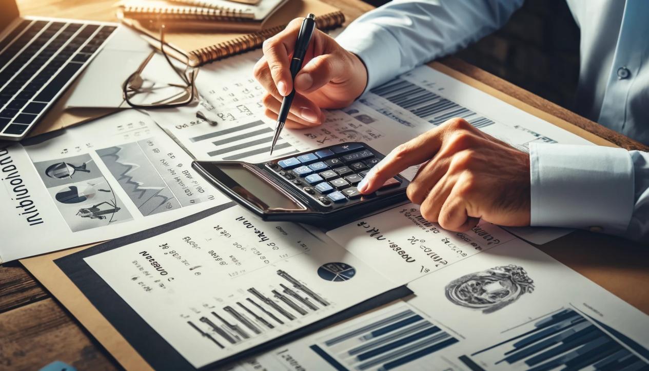 DALL·E 2024-05-17 14.31.12 - A close-up of a financial analyst's hands using a calculator and examining documents with graphs and charts on inflation and long-term savings. The do