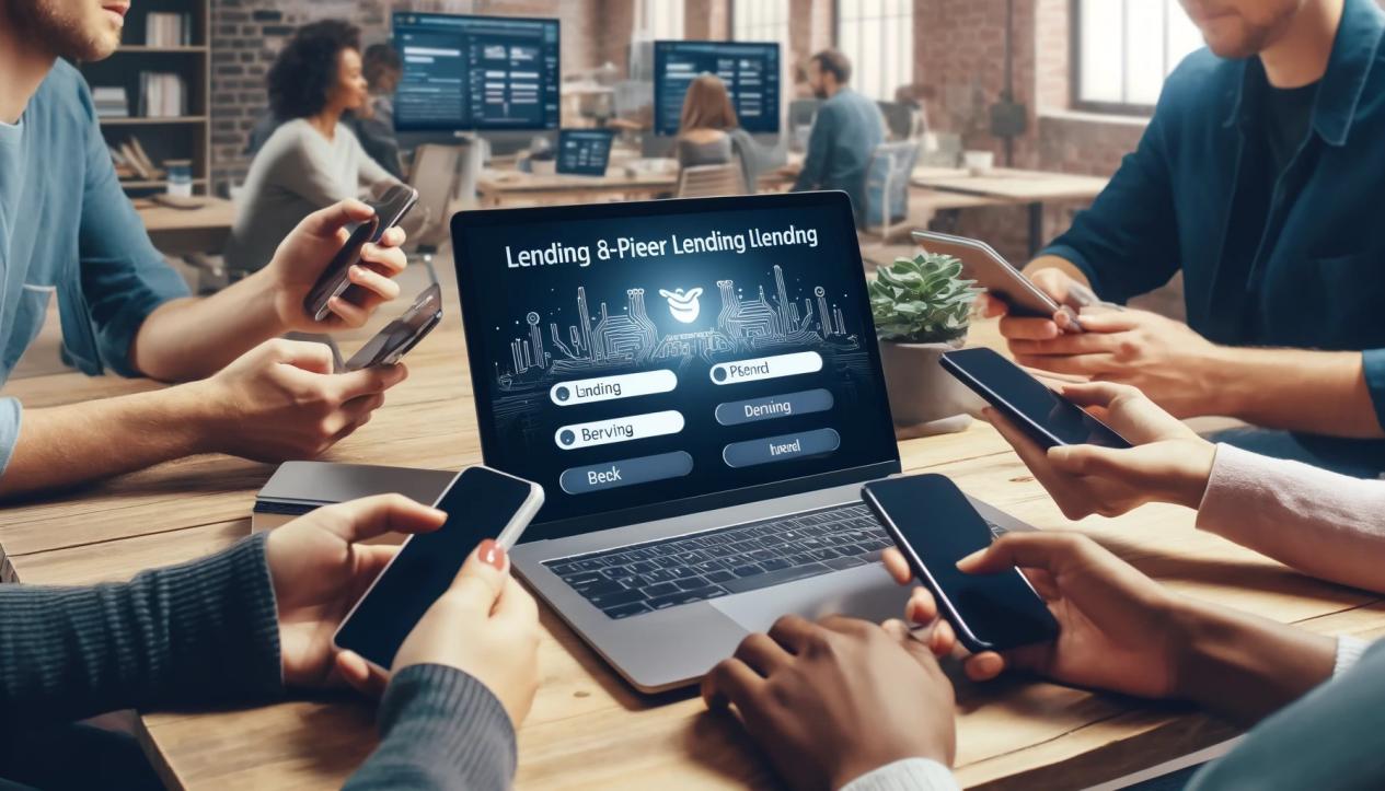 DALL·E 2024-05-17 14.57.23 - A diverse group of people using laptops and smartphones to access a peer-to-peer lending platform. The screen displays options for lending and borrowi