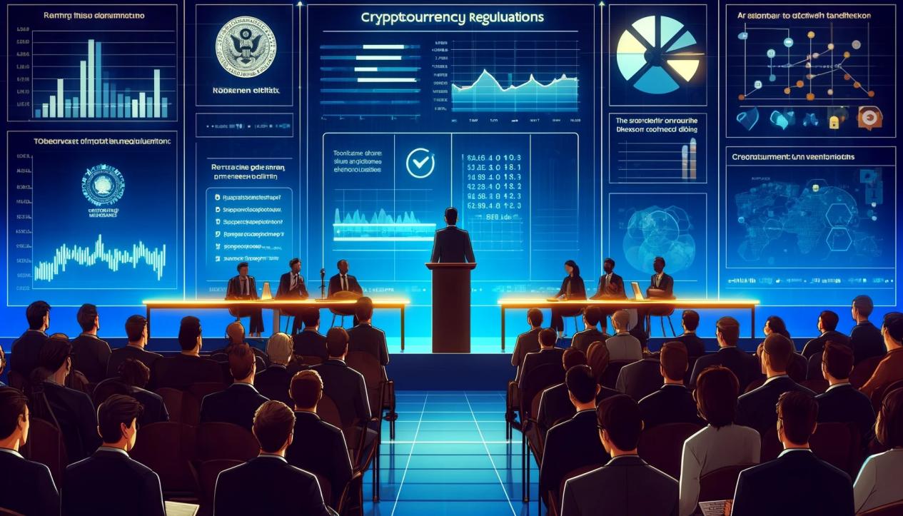 DALL·E 2024-05-17 14.35.30 - A government official speaking at a conference about cryptocurrency regulations. The official is standing at a podium with a large screen behind displ