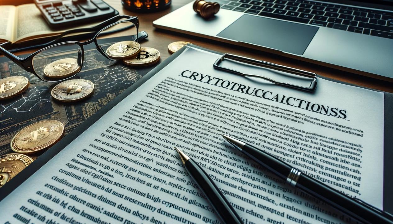 DALL·E 2024-05-17 14.35.31 - A close-up of a legal document about cryptocurrency regulations on a modern office desk. The document includes detailed text and legal jargon, with a 