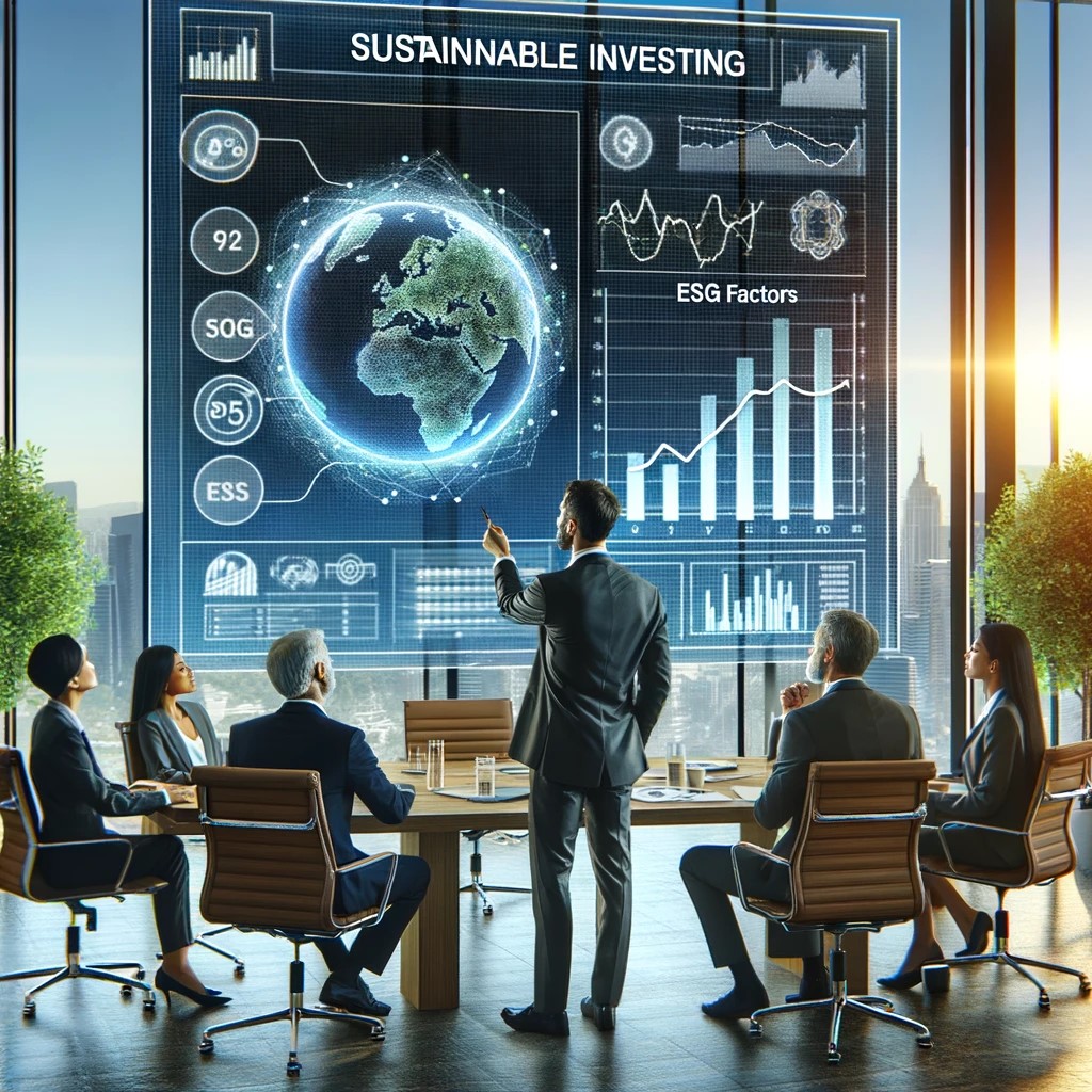 DALL·E 2024-05-29 22.27.53 - A financial advisor discussing sustainable investing with a diverse group of investors. The scene shows charts and graphs related to ESG factors on a 