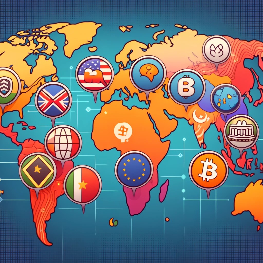 DALL·E 2024-05-29 21.13.27 - An illustration showing the various global approaches to cryptocurrency regulation. Depict a map with different countries highlighted, showcasing dive