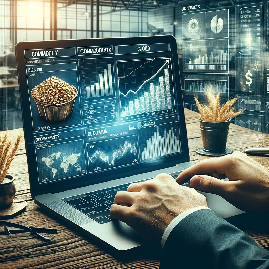 DALL·E 2024-05-29 18.01.23 - An image of a financial analyst working on a laptop with data on commodity investments displayed on the screen. The screen shows various financial met