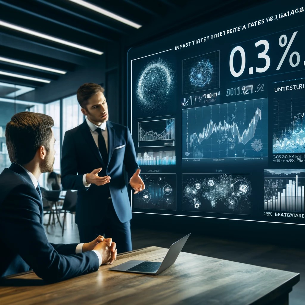 DALL·E 2024-05-29 17.50.53 - An image showing a financial advisor explaining the impact of interest rate changes on investments to a client in a modern office setting. The screen 