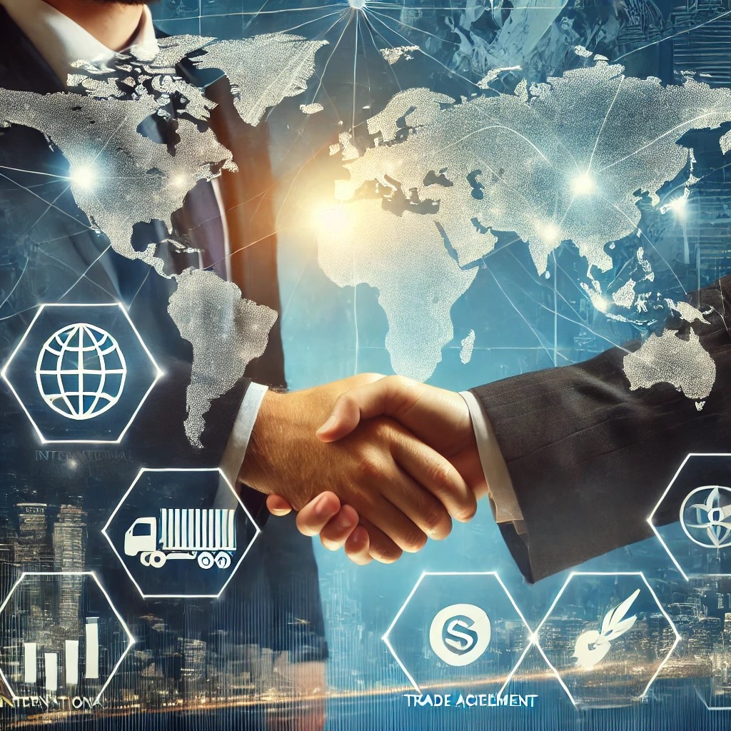 DALL·E 2024-06-28 17.41.42 - An image showing a handshake between two business people with a world map and trade agreement symbols in the background, representing international tr