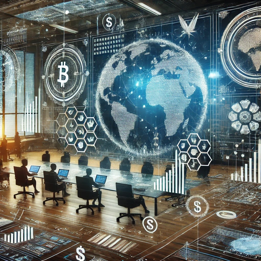 DALL·E 2024-06-28 18.01.07 - An image showing a futuristic financial regulatory office with digital interfaces, holographic displays, and symbols representing global financial reg