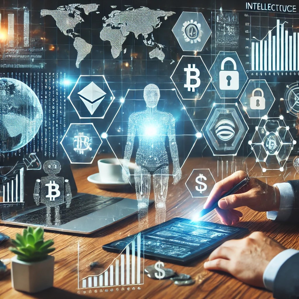 DALL·E 2024-06-28 17.09.49 - An image showing financial analysts using AI and blockchain technology to protect intellectual property, with digital interfaces and holographic displ