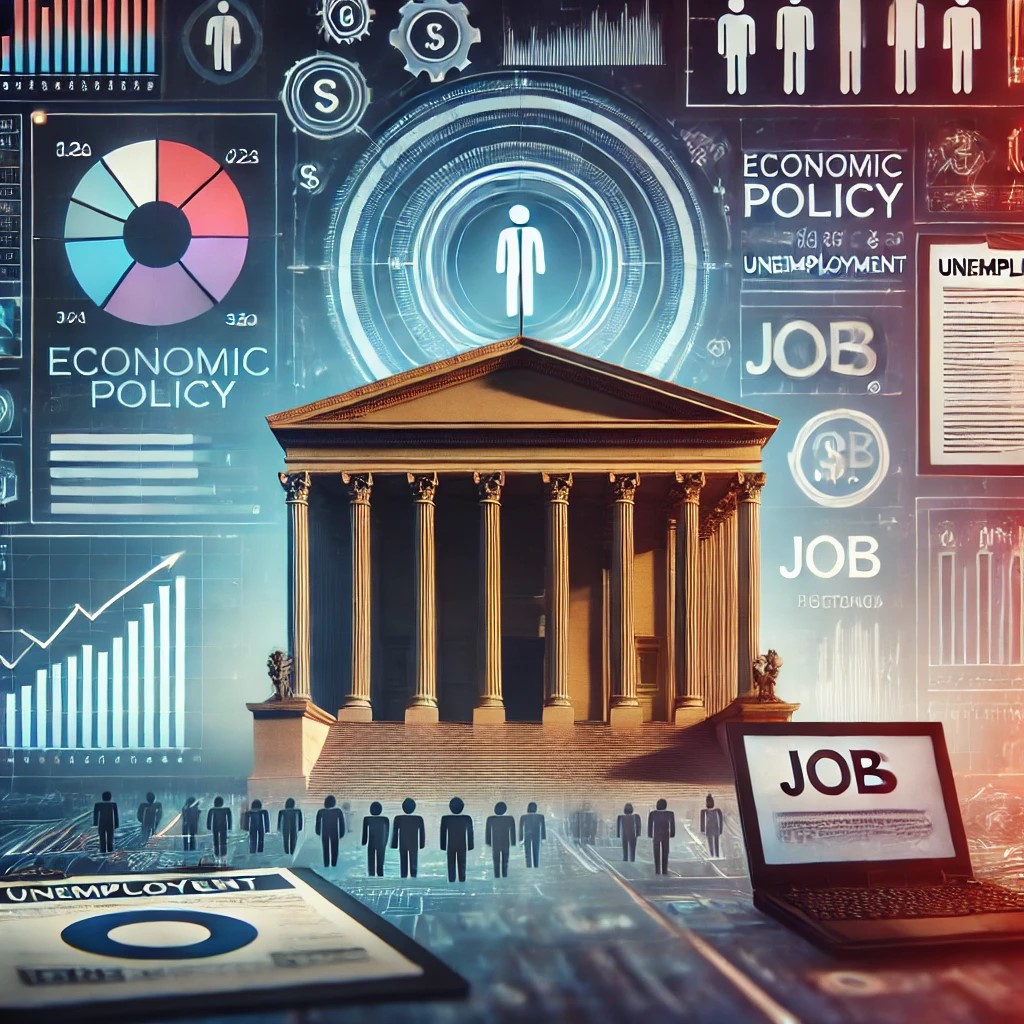 DALL·E 2024-06-28 17.44.22 - An image showing a government building with symbols representing economic policy and unemployment, such as financial charts, job listings, and policy 