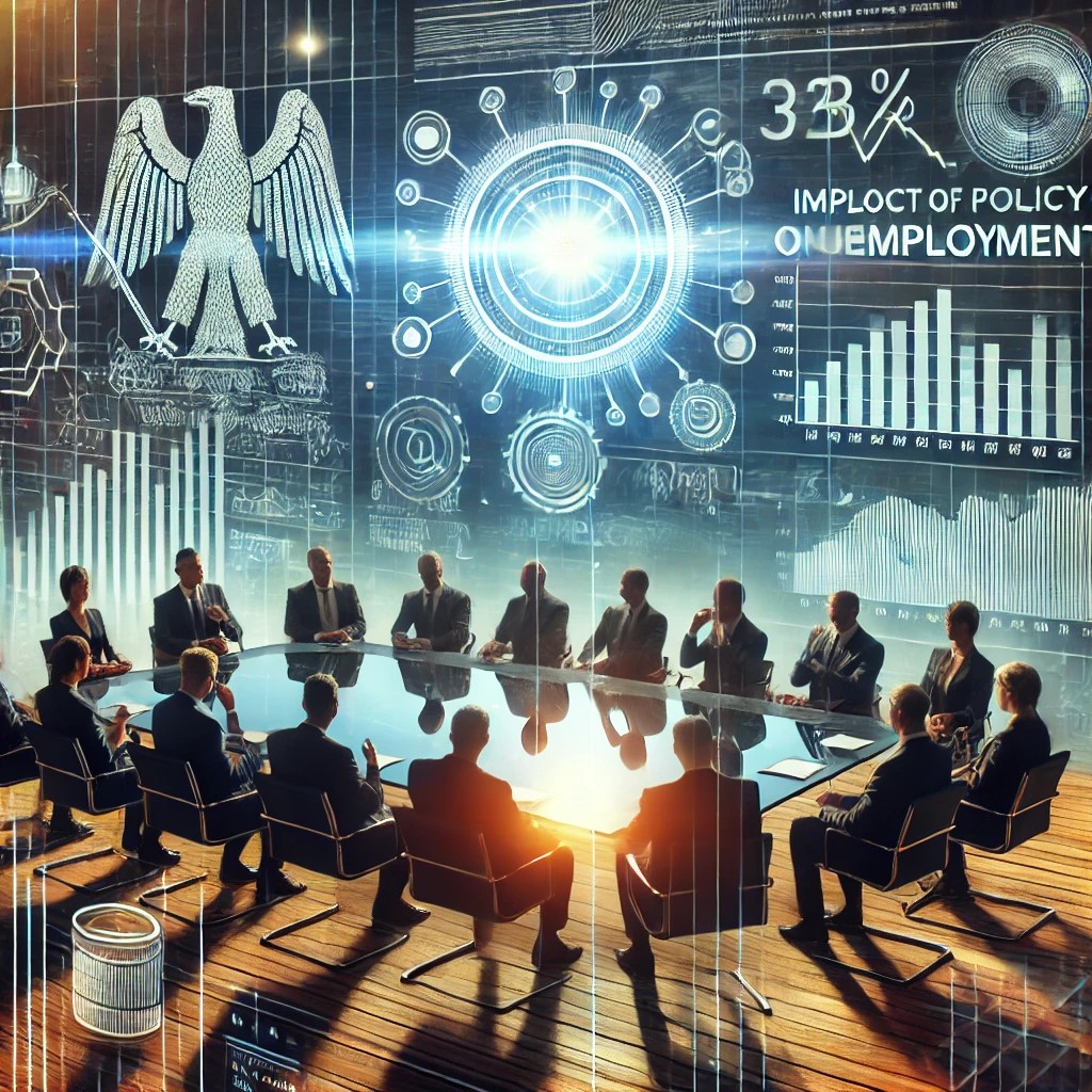 DALL·E 2024-06-28 17.44.23 - An image showing financial analysts in a meeting room with charts and graphs discussing the impact of economic policy on unemployment