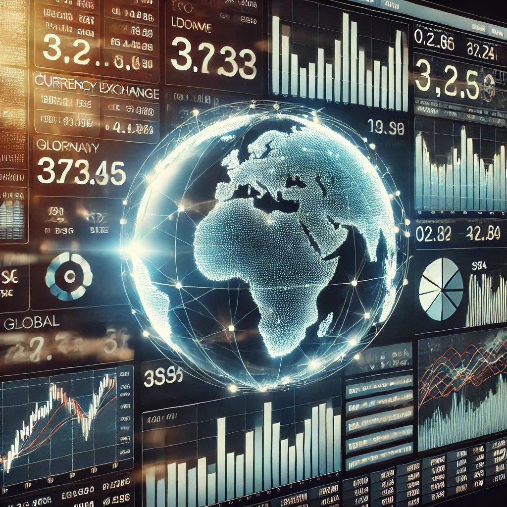 DALL·E 2024-07-30 22.12.01 - A digital financial dashboard showing currency exchange rates and global economic data. The screen displays interactive graphs and charts, highlightin