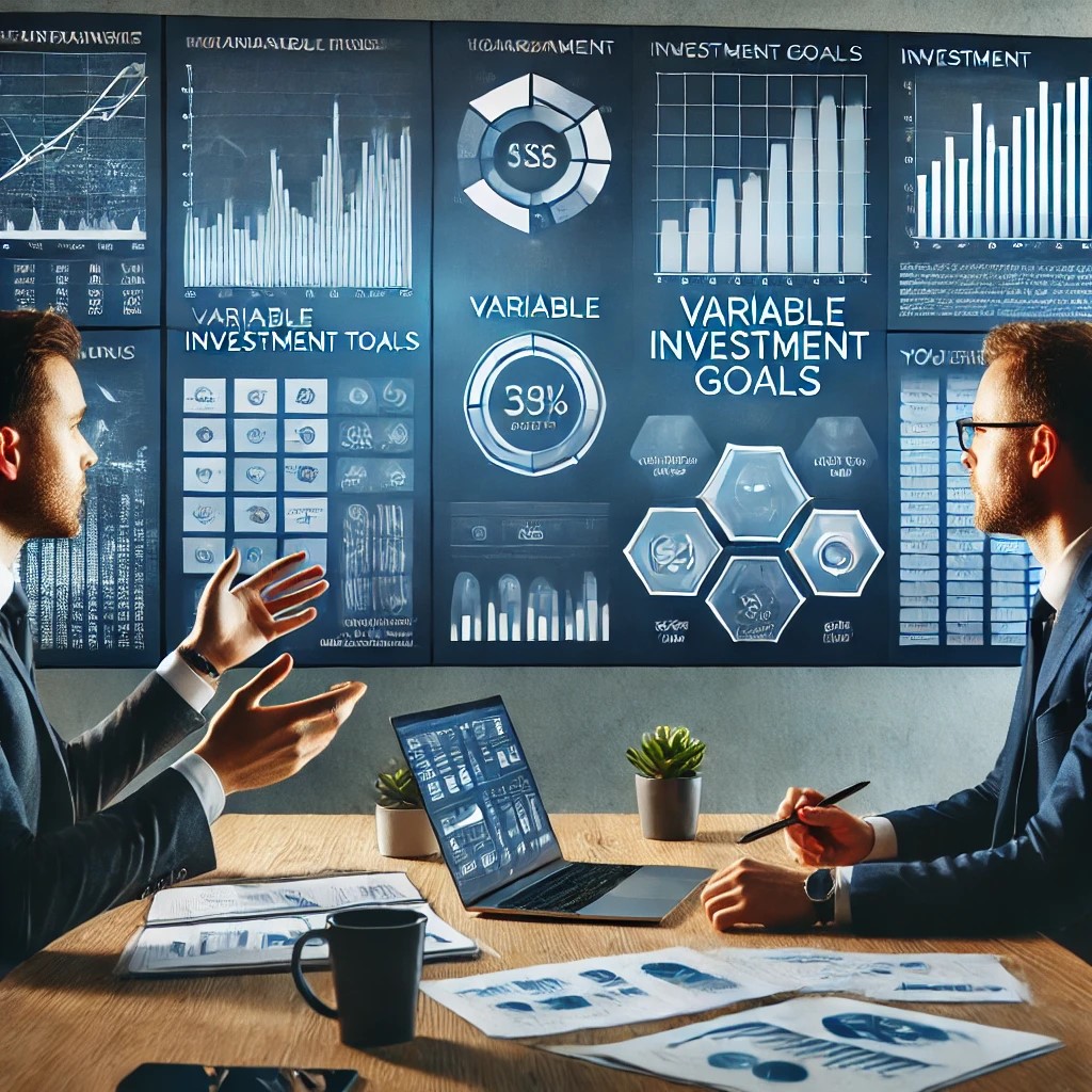 DALL·E 2024-07-30 21.53.52 - A financial advisor discussing variable investment goals with a client in a modern office. The setting includes charts, graphs, and digital screens sh