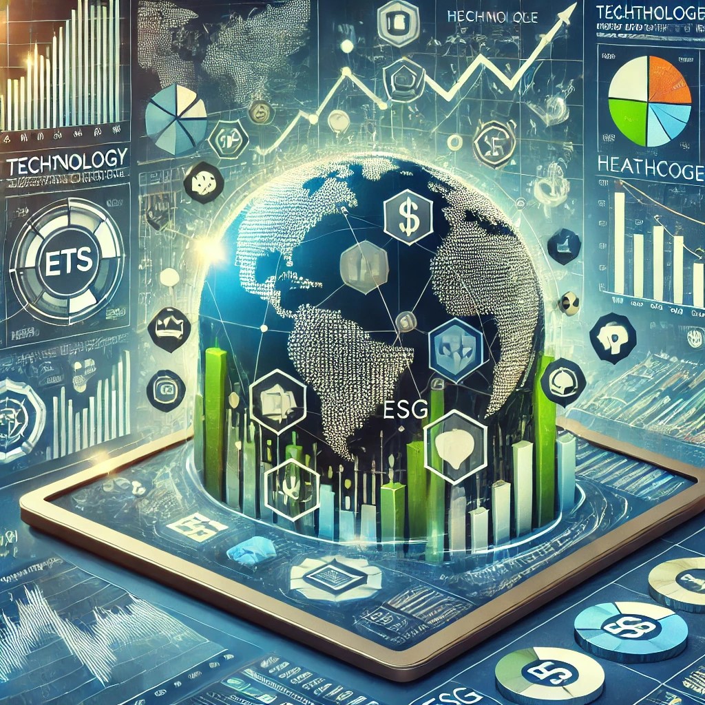 DALL·E 2024-09-02 16.24.41 - A detailed image illustrating the concept of investing in Exchange-Traded Funds (ETFs). The image shows a digital portfolio with various ETFs, includi