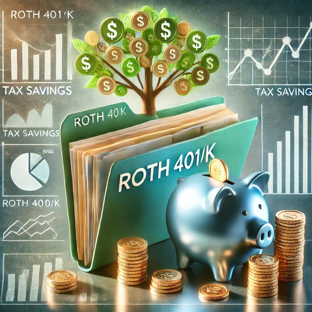 DALL·E 2024-09-02 16.19.04 - A detailed image illustrating the concept of a Roth 401(k) and its benefits. The image shows a financial portfolio with a folder labeled 'Roth 401(k)'