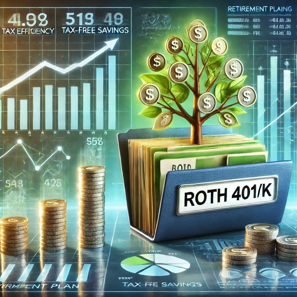 DALL·E 2024-09-02 16.19.06 - A detailed image representing the future outlook of a Roth 401(k). The image includes a futuristic financial dashboard with growth projections, a fold