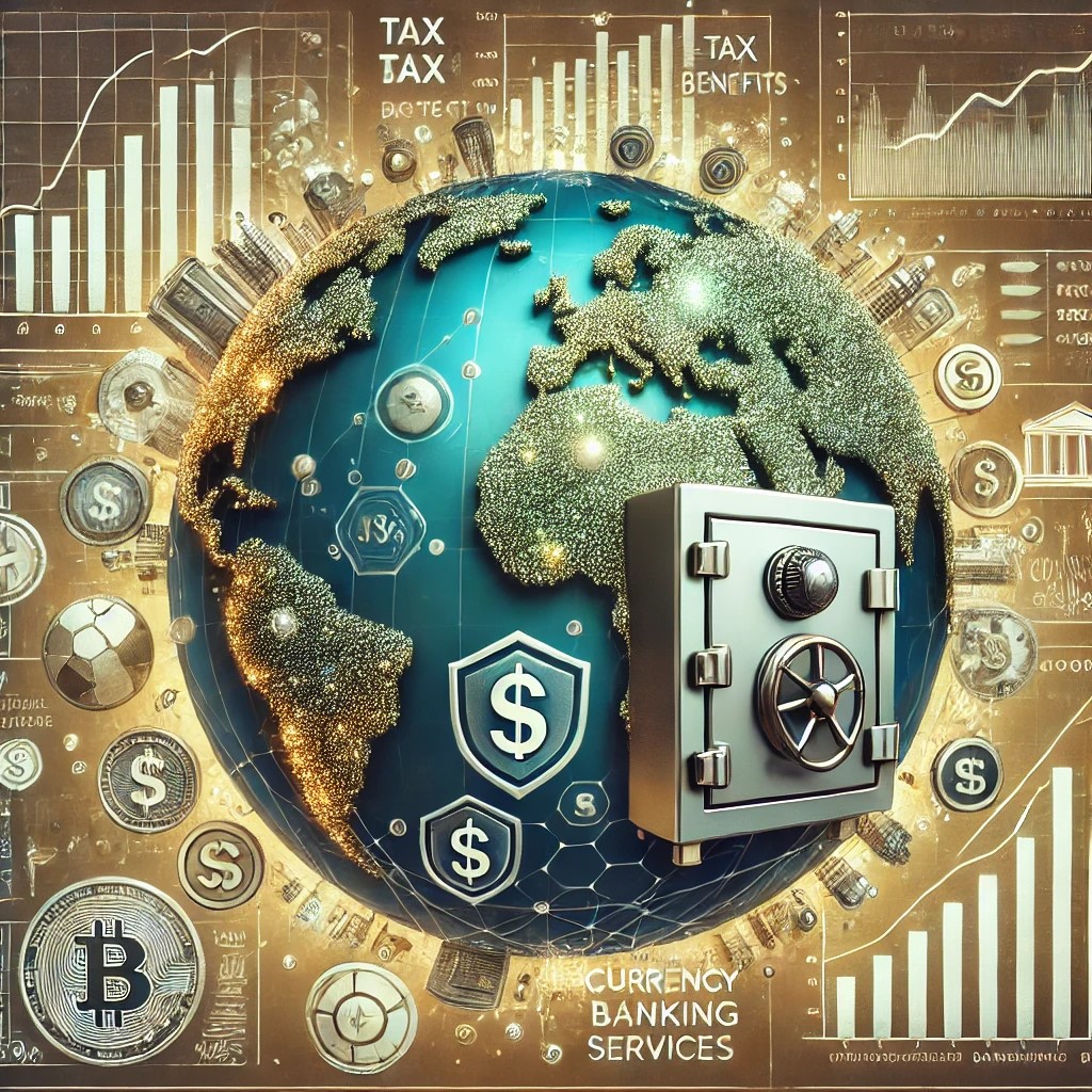 DALL·E 2024-09-02 16.28.01 - A detailed image illustrating the role of offshore banking in wealth management. The image shows a digital globe with financial symbols like a safe, a