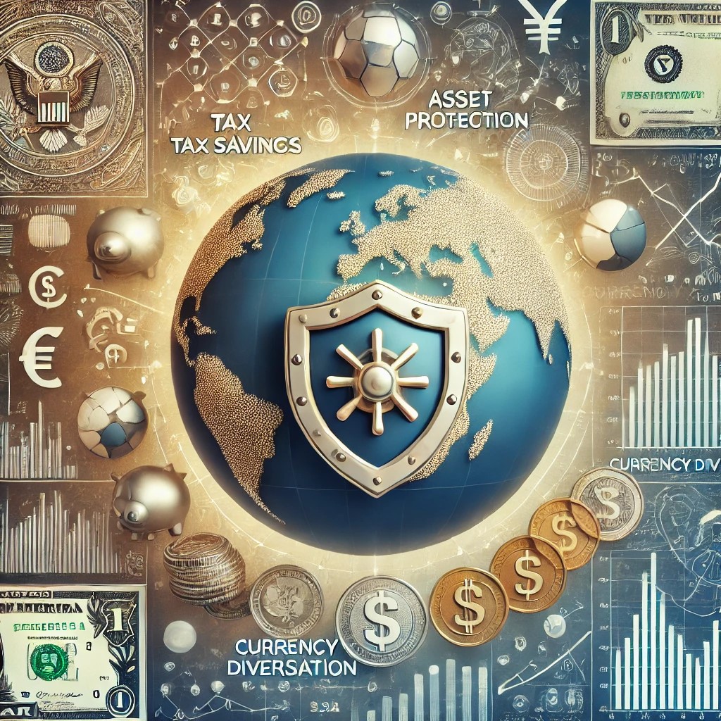 DALL·E 2024-09-02 16.28.02 - A detailed image showing the benefits of offshore banking in wealth management. The image includes symbols of tax savings, asset protection like a shi