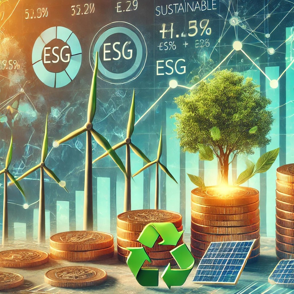 DALL·E 2024-09-02 16.10.43 - A detailed image illustrating the concept of sustainable investing in portfolio management. The image shows a financial portfolio with green energy sy