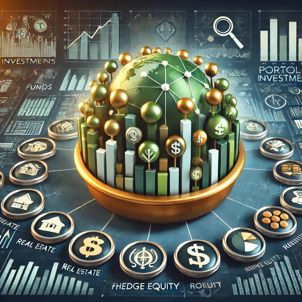 DALL·E 2024-09-02 16.46.31 - A detailed image illustrating the role of alternative investments in portfolio diversification. The image shows a diversified investment portfolio wit