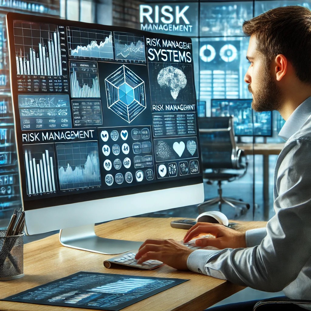 DALL·E 2024-07-30 21.58.12 - A financial analyst using a computer to monitor risk management systems in a modern office. The setting includes charts, graphs, and digital screens s