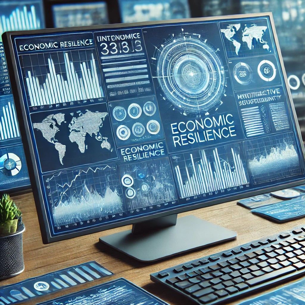 DALL·E 2024-07-30 20.54.23 - A digital financial dashboard showing various metrics related to economic resilience. The screen displays interactive graphs and charts, symbolizing t