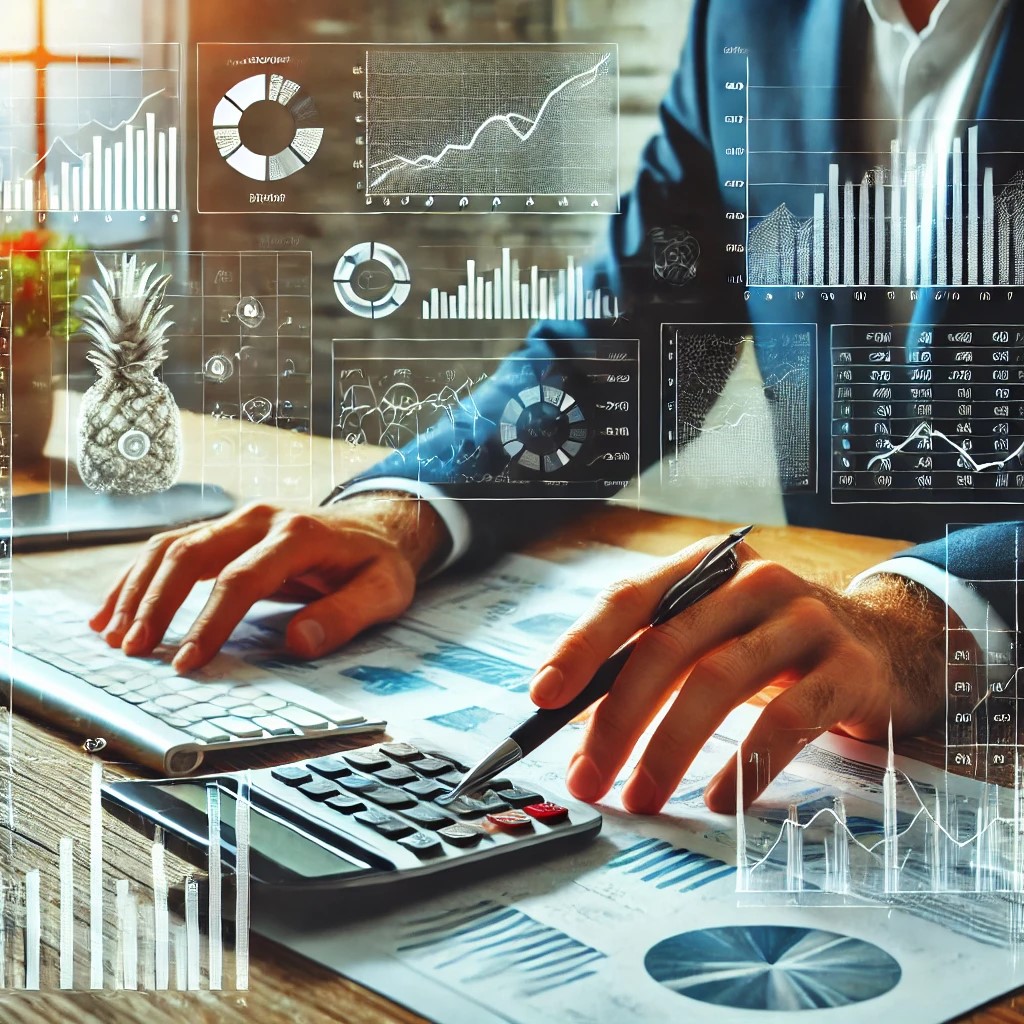 DALL·E 2024-07-30 21.46.55 - A financial analyst using a computer to analyze financial performance metrics. The setting includes charts, graphs, and financial documents, symbolizi