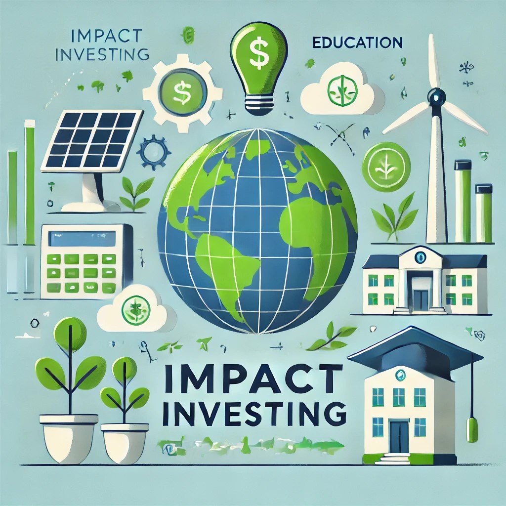 DALL·E 2024-11-20 20.53.06 - An illustration showcasing the concept of impact investing, featuring elements like a green globe, renewable energy icons (wind turbines, solar panels