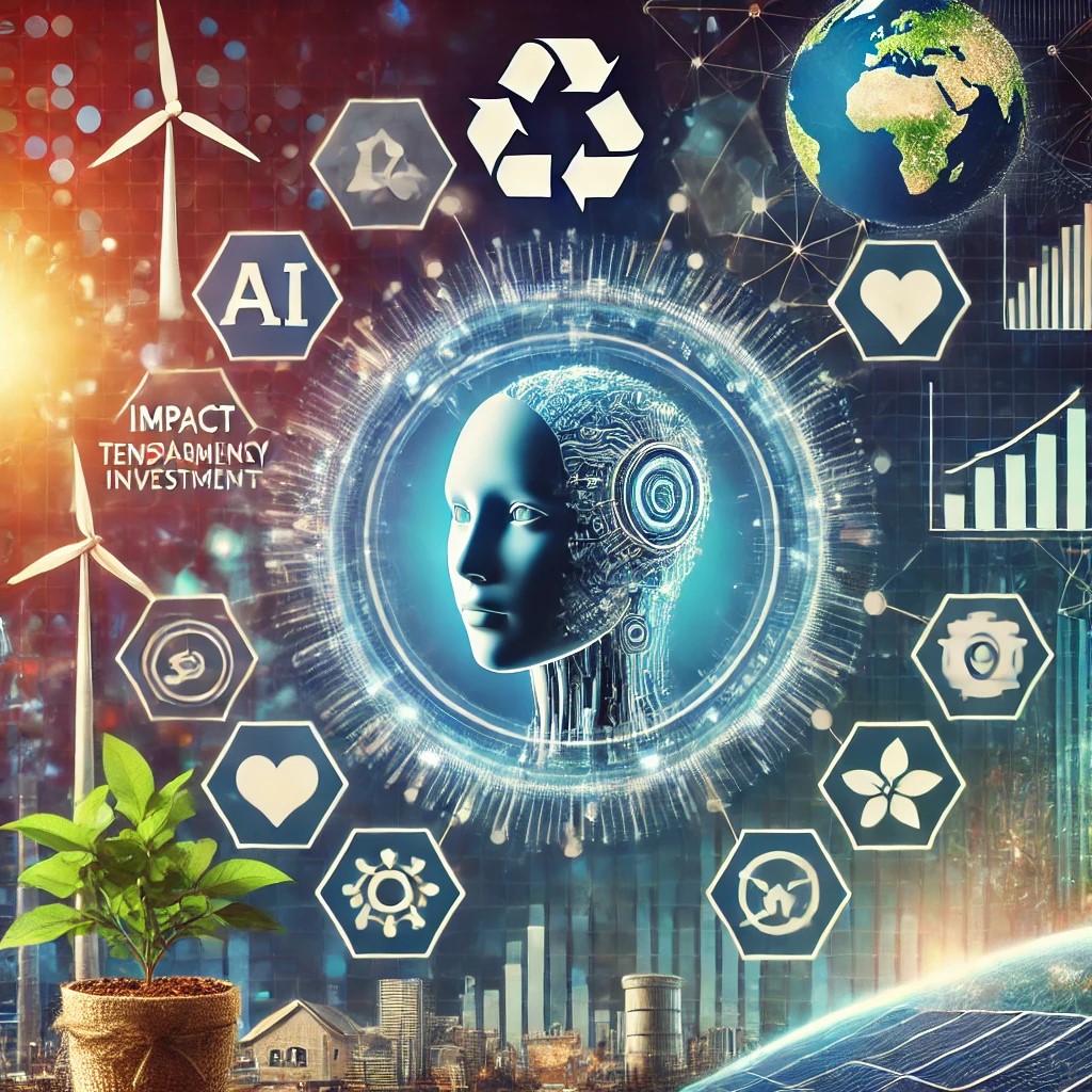 DALL·E 2024-11-20 20.53.09 - A futuristic illustration of the future of impact investing, featuring AI analyzing sustainable investments, blockchain transparency icons, and a visu