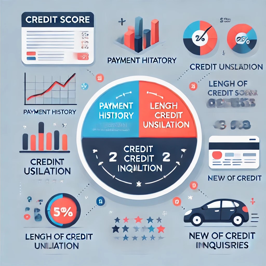 DALL·E 2024-11-20 20.27.54 - A detailed illustration showing the components of a credit score, including a pie chart dividing factors like payment history, credit utilization, len