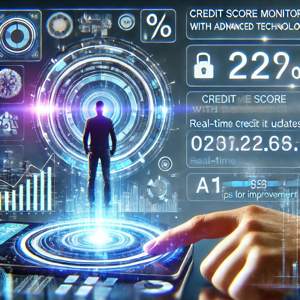 DALL·E 2024-11-20 20.27.57 - A futuristic depiction of credit score monitoring with advanced technology, showing a person using a mobile app with real-time credit updates and AI-d