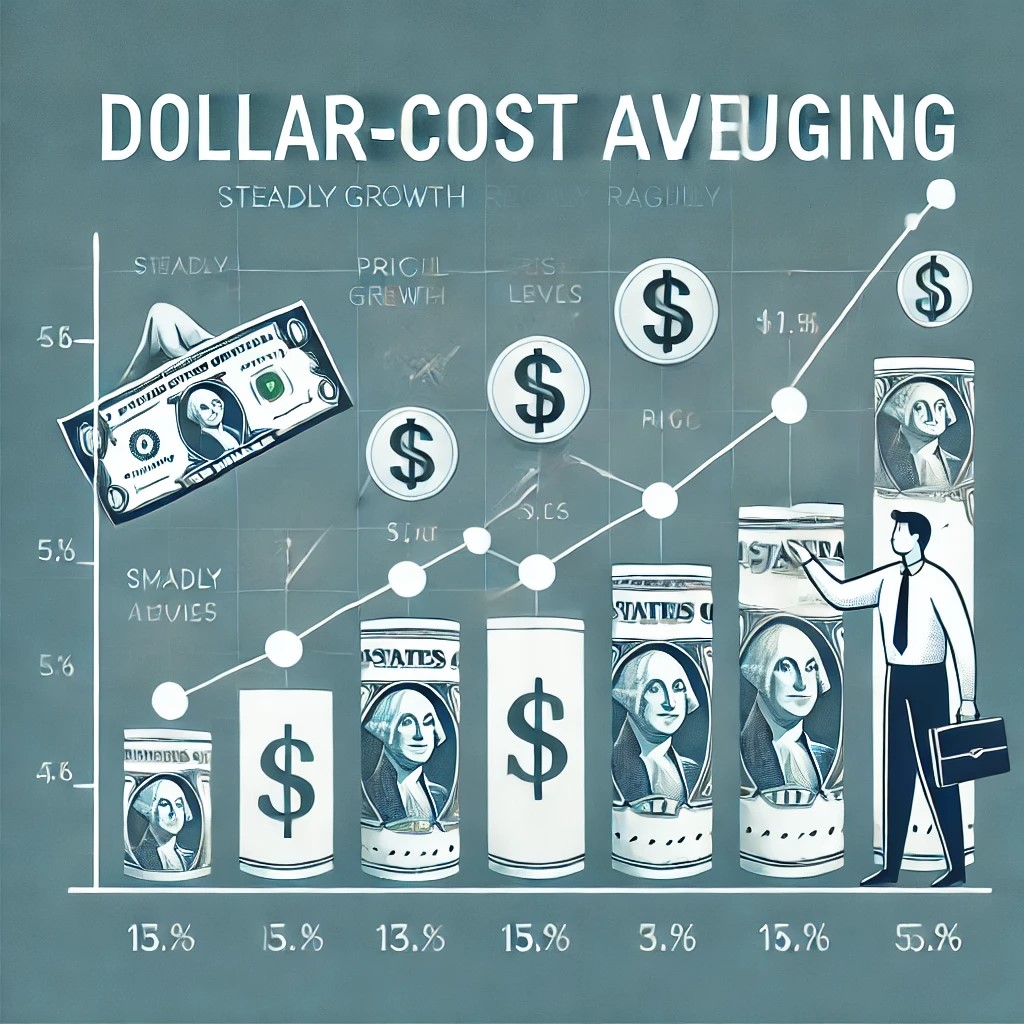 DALL·E 2024-11-20 21.10.05 - An illustration showcasing the concept of dollar-cost averaging, featuring a graph with periodic investments at different price levels, and a person i