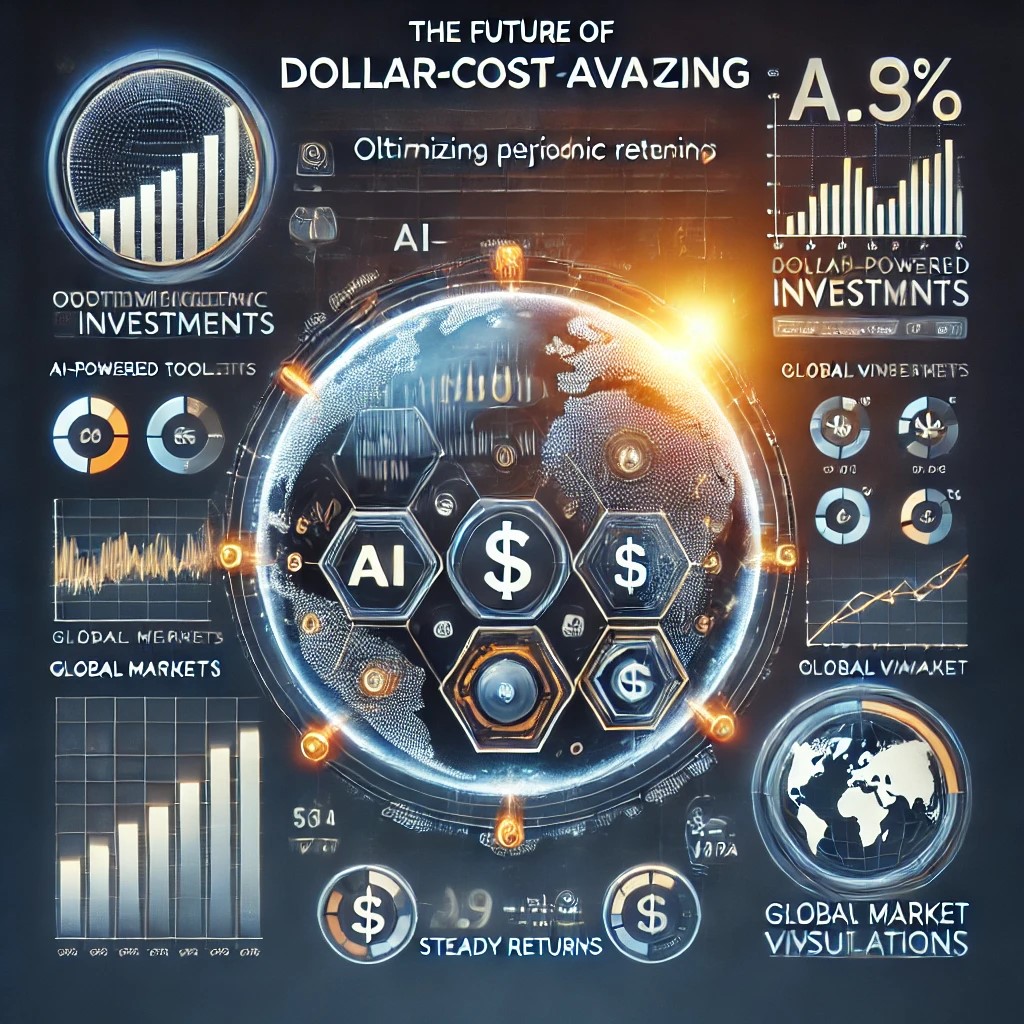 DALL·E 2024-11-20 21.10.07 - A futuristic illustration of the future of dollar-cost averaging, featuring AI-powered tools optimizing periodic investments, graphs predicting steady