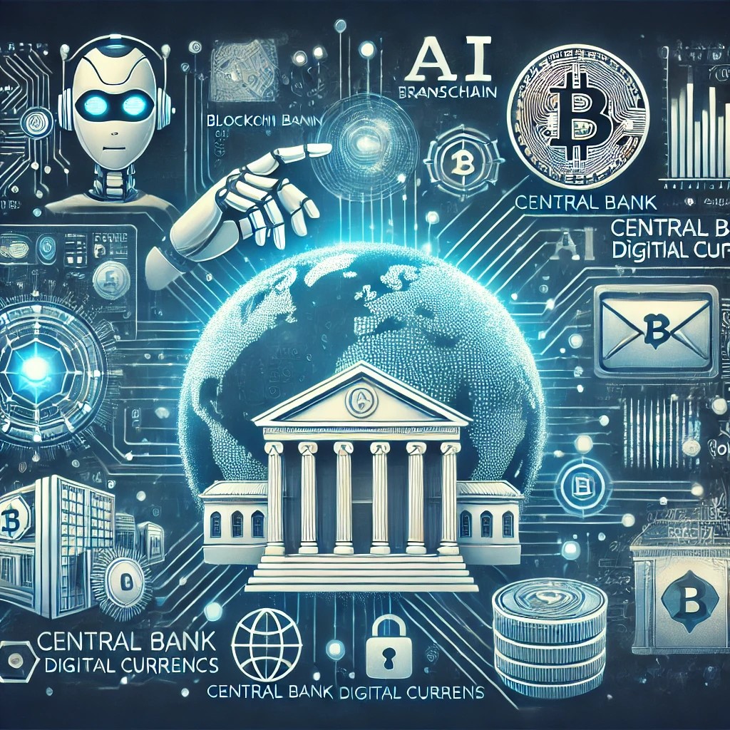 DALL·E 2024-11-20 21.06.03 - A futuristic illustration of the future of banking with blockchain, showing elements like AI analyzing blockchain transactions, central bank digital c