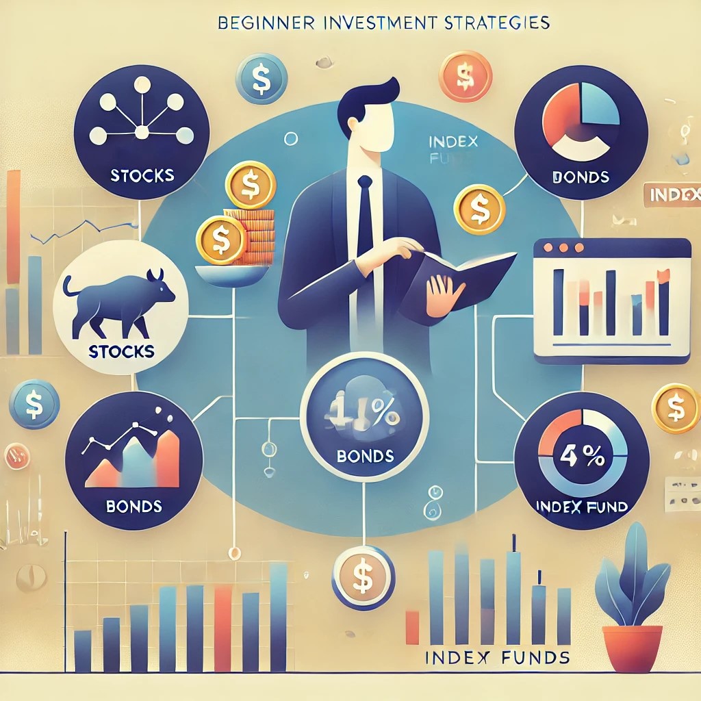 DALL·E 2024-11-20 20.44.46 - An illustration of beginner investment strategies, showcasing a balanced portfolio with icons for stocks, bonds, and index funds. The image includes v